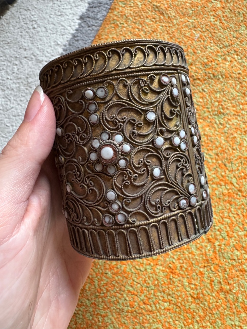 Antique Tibetan Filigree Canister with White Glass Inlay